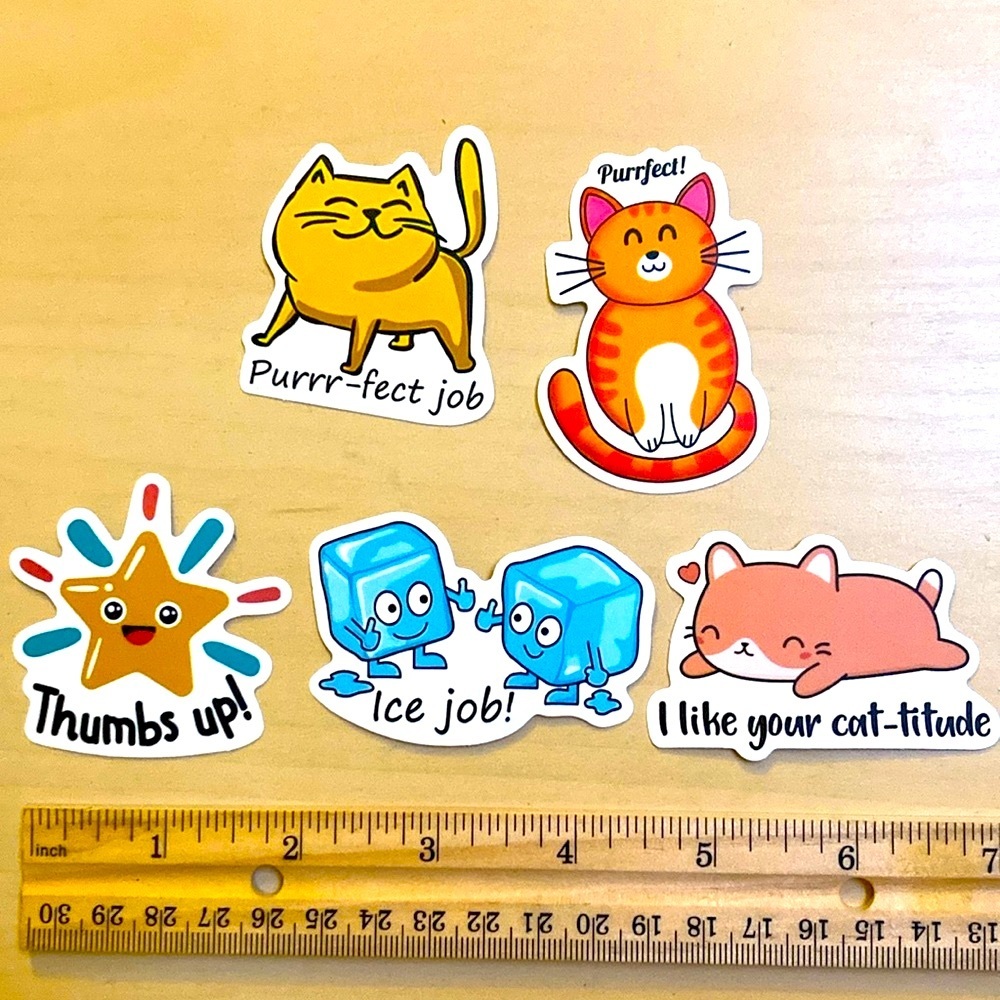 10/$10 or $1‎ BUNDLE: 5 Pun Fun Stickers: 3 Cats ++! 🧊 ⭐️ 🐱 🐱 🐱 WATERPROOF!
